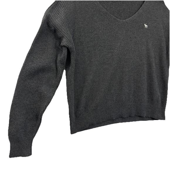 Abercrombie & Fitch Sweater Women L Gray Ribbed Knit Moose Logo Cropped Boxy - Picture 4 of 9